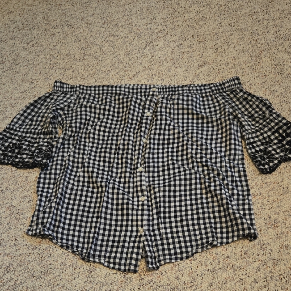 Old Navy Black and White Gingham Off-Shoulder Blouse